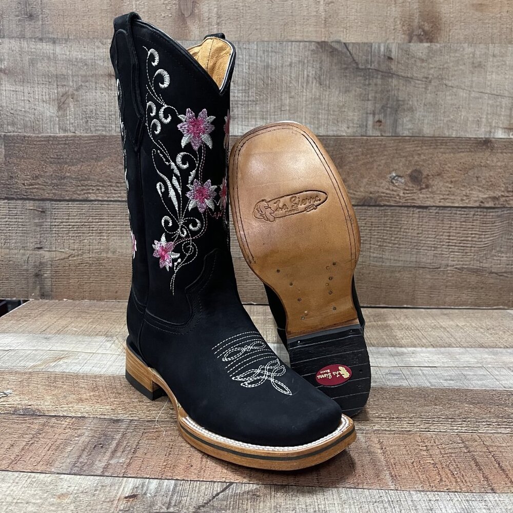 Woman's Western Cowgirl Rodeo Genuine Leather Black with Pink Flowers Boots